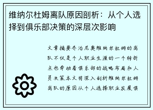 维纳尔杜姆离队原因剖析：从个人选择到俱乐部决策的深层次影响
